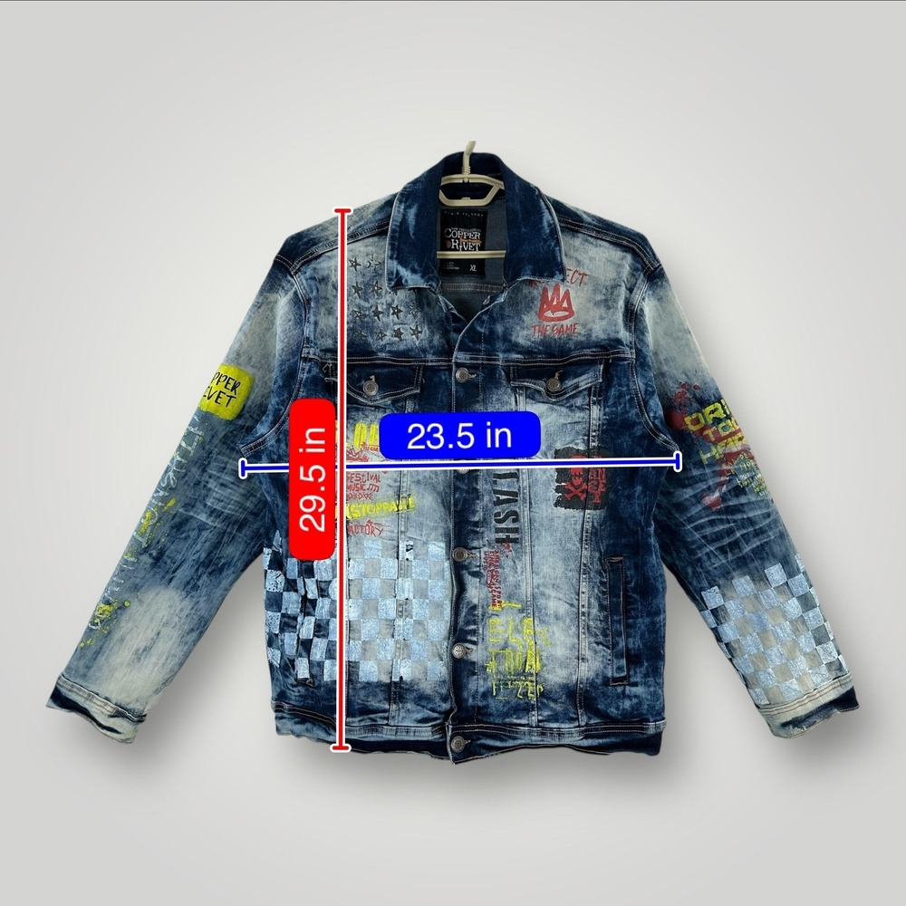Copper Rivet Denim Jacket Mens XL Blue Bomber Graphic Checkered Street Art Skull - Picture 10 of 10